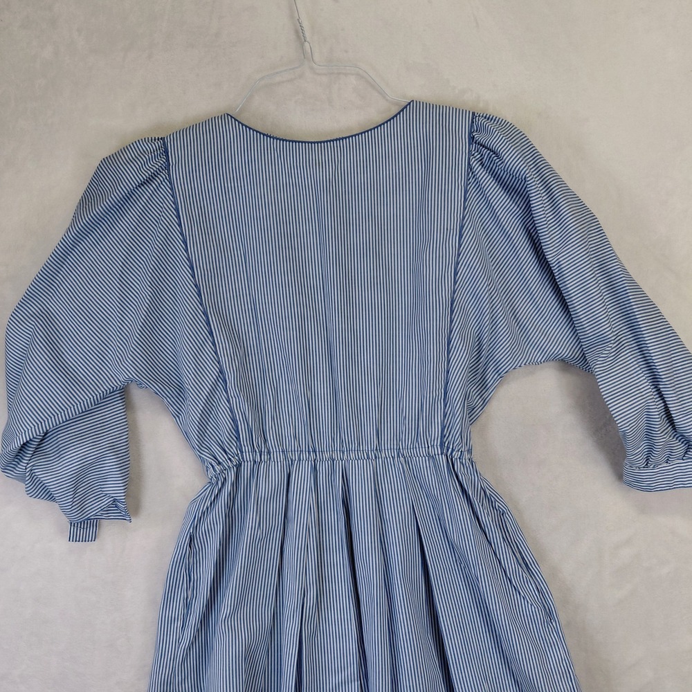 Vintage John Roberts Blue White Striped Cotton Midi Dress Puffy Sleeve Womens 8 - Picture 2 of 9